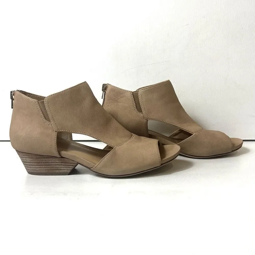 Naturalizer Womens 7.5M Wedge Wood Heel Zip Up Wrap Bootie Beige Nubuck Peep Toe